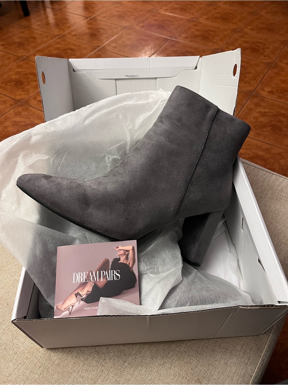 Dream Pairs Gray Suede Pointed Toe Block Heel Ankle Boots